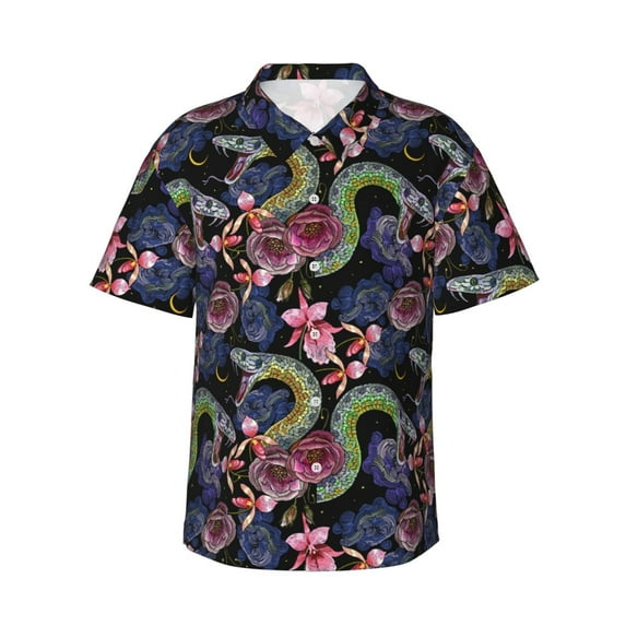 Fuzoiu Snake And Flower Print Hawaiian Shirt for Men, Summer Beach Casual Short Sleeve Button Down Shirts, Men’s Beach Summer Shirts with Pocket,Large