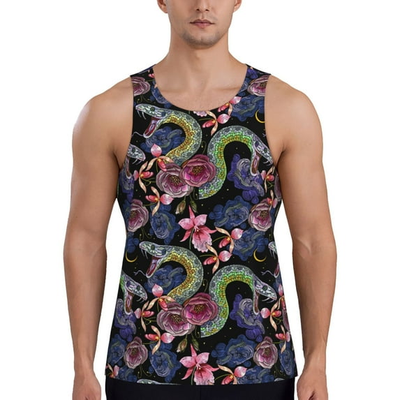 Fuzoiu Snake And Flower Print Men's Workout Tank Tops,Sleeveless Gym Shirt Quick Dry,Fitness Bodybuilding T-Shirt,Muscle Athletic Workout Tee-Large