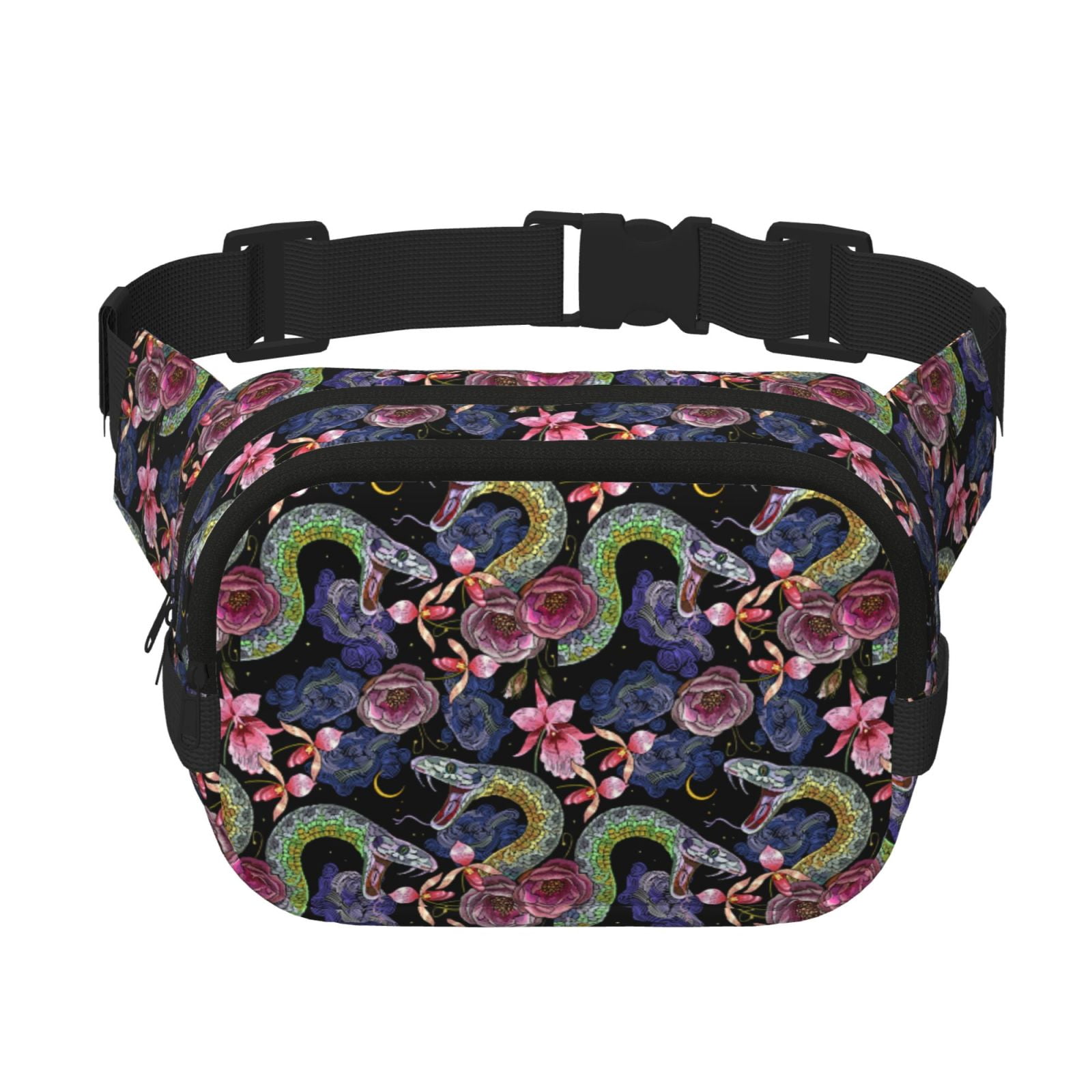 Fuzoiu Snake And Flower Print Unisex Square Double Layer Waist Bag,Crossbody Fanny Pack Travel Workout Accessory