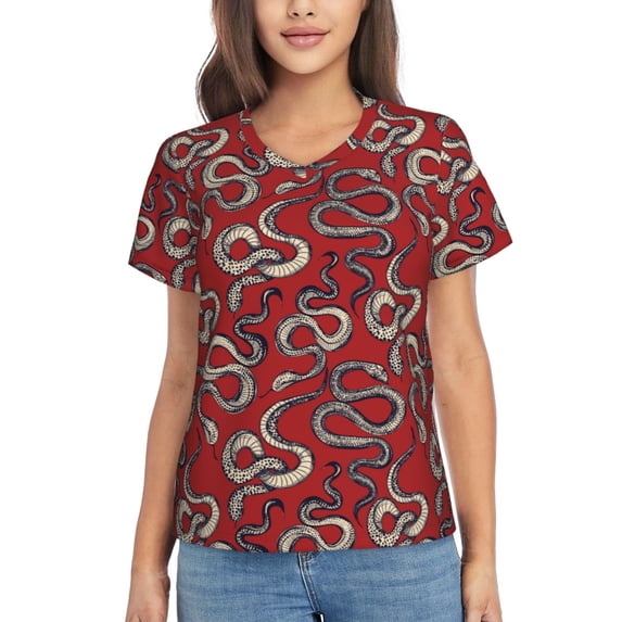 Fuzoiu Snake Print Women's Classic V-Neck T-Shirt, Short Sleeve V Neck Tees for Casual Everyday Wear,Casual Fit Tee,Summer Fashion Tops-Large