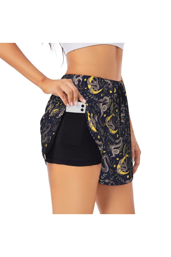 Snake Sleep Print Women's Athletic Shorts, Double-Layer Running Shorts with Pocket,Women's Workout Shorts for Yoga, Gym, and Workouts-Small