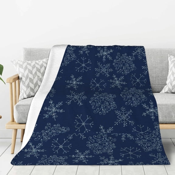Fuzoiu Snowflake Dark Blue Print Flannel Throw Blanket,Light Weight Warm Decorative,Throw Blanket Cover for Sofa, Couch, Bedroom,Travel-50"x40"