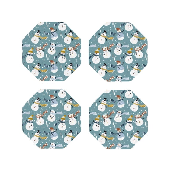 Fuzoiu Snowflake Scarf Snowman Print Leather Coasters Set,Drink Coasters Set of 4,for Tabletop Protection, Durable PVC Coasters,Home Décor and Housewarming Gift-Octagon