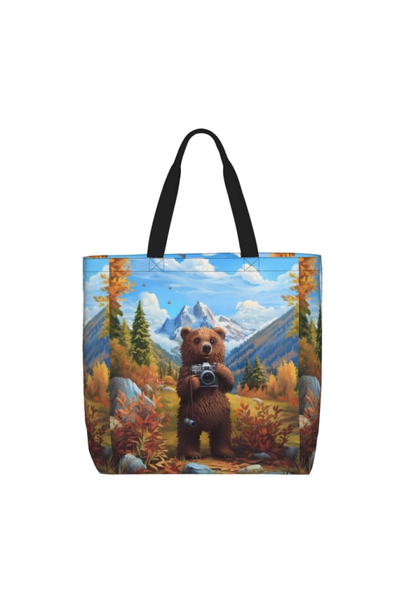 Snowy Mountain Photography Bear Print Durable Tote Bag,Shoulder Bag with Zipper Closure,Casual Tote's Handbag,for Daily Use, Shopping, School, Work