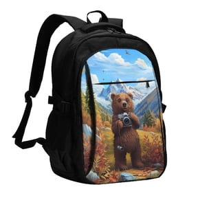 Fuzoiu Snowy Mountain Photography Bear Print USB Backpack with Charging Port,Laptop Backpack,Business Travel Durable Laptops Backpack, for School, Work, Travel & Outdoor Activities