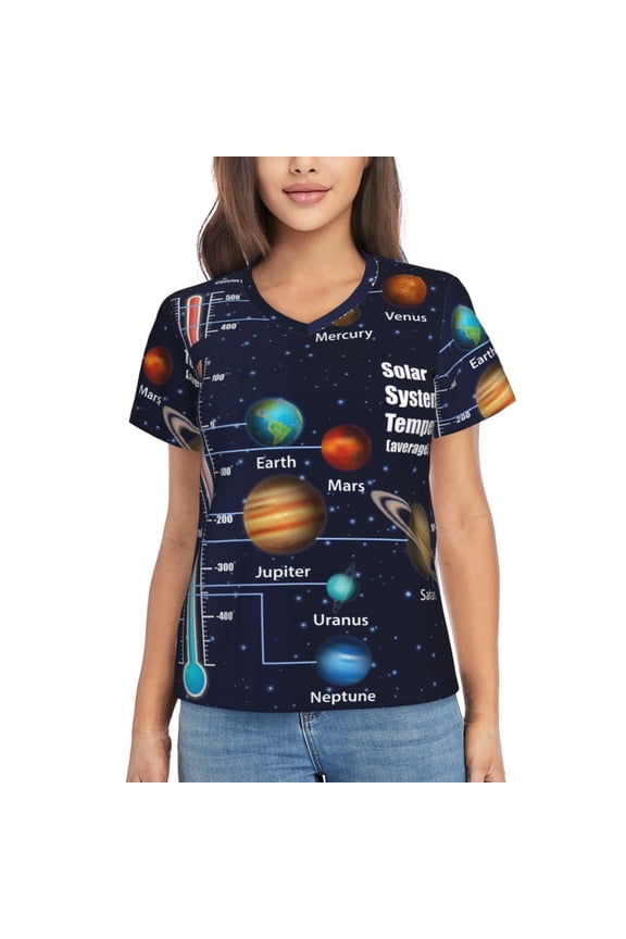 Solar System Print Women's Classic V-Neck T-Shirt, Short Sleeve V Neck Tees for Casual Everyday Wear,Casual Fit Tee,Summer Fashion Tops-Medium