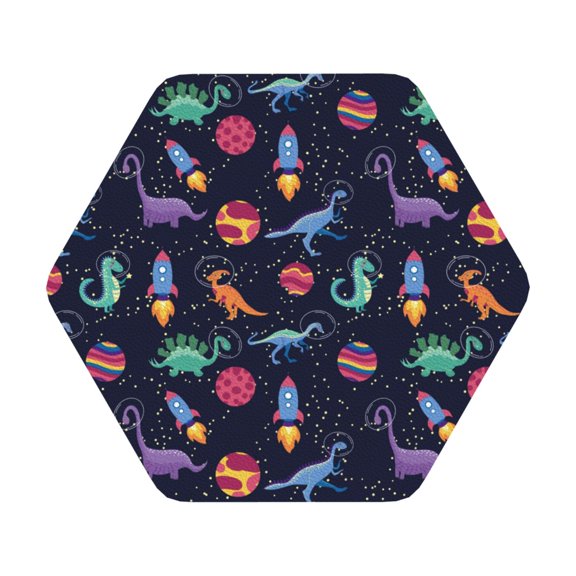 Fuzoiu Space Dinosaur Print Leather Coasters Set,Drink Coasters Set of 6,for Tabletop Protection, Durable PVC Coasters,Home Décor and Housewarming Gift,Hexagon