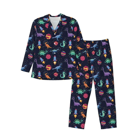 Fuzoiu Space Dinosaur Print Men's Long-Sleeved Pajama,Lounge Button Down Nightwear,Mens Notch Collar Pajama Set -XX-Large