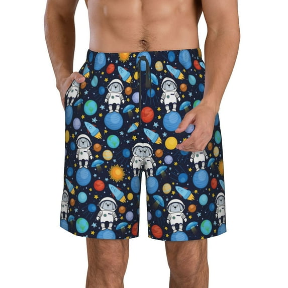 Fuzoiu Space Dog Print Men's Beach Shorts,Men's Swim Trunks,Quick Dry Board Shorts with Pockets,Men's Bathing Suits for Surfing, Running, and Casual Wear-Small