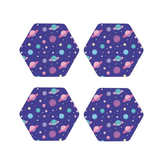 Fuzoiu Space Print Leather Coasters Set,Drink Coasters Set of 4,for Tabletop Protection, Durable PVC Coasters,Home Décor and Housewarming Gift-Hexagon