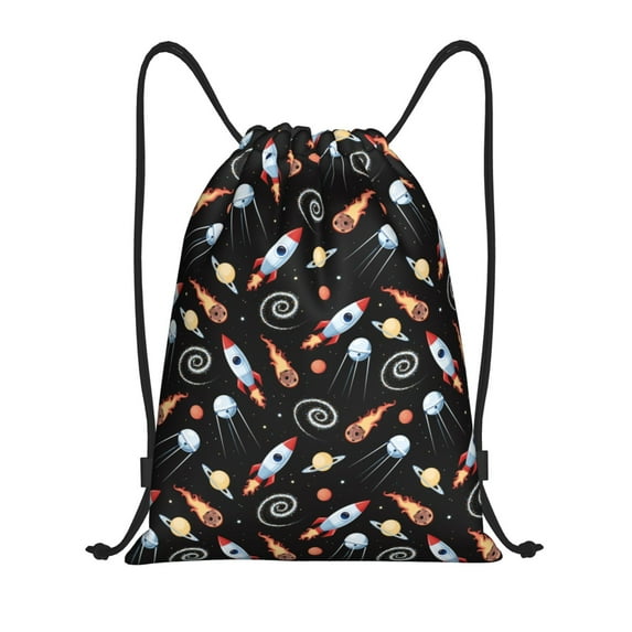 Fuzoiu Space Rocket Print Drawstring Backpack for Gym, Travel, Yoga,Sports Sackpack String Bag for Women Men-Small