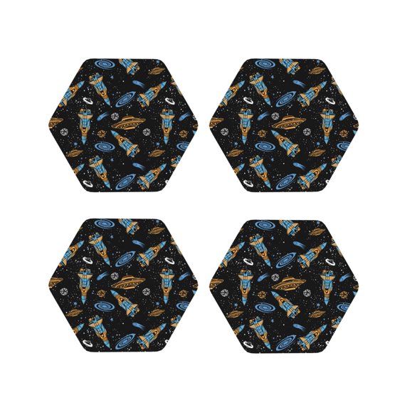 Fuzoiu Space Rocket Print Leather Coasters Set,Drink Coasters Set of 4,for Tabletop Protection, Durable PVC Coasters,Home Décor and Housewarming Gift-Hexagon