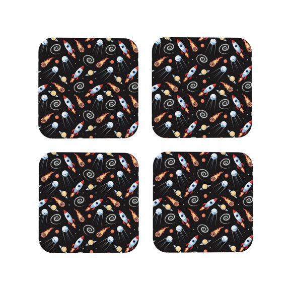 Fuzoiu Space Rocket Print Leather Coasters Set,Drink Coasters Set of 4,for Tabletop Protection, Durable PVC Coasters,Home Décor and Housewarming Gift-Square