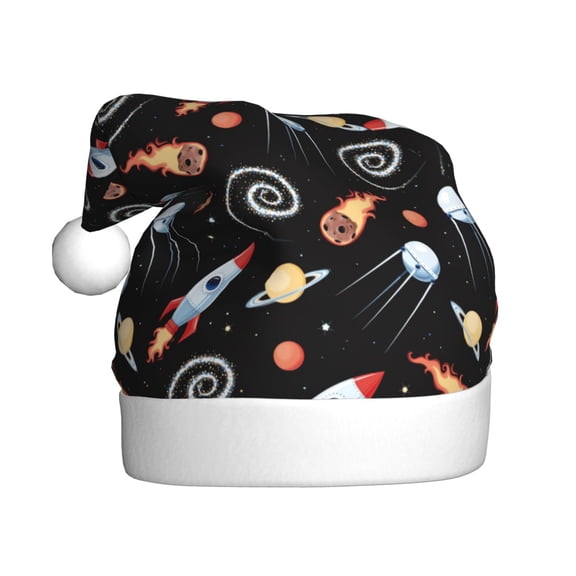 Fuzoiu Space Rocket Print Santa Hat Christmas Hat for Adults,Santa Hats with Pompom, Unisex Xmas Holiday Hat for Christmas New Year Festive Party Supplies