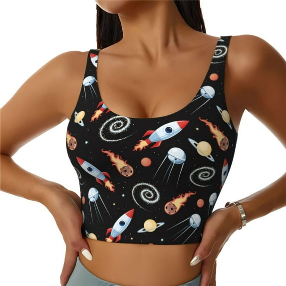 Fuzoiu Space Rocket Print Women's Sports Vest,U-Back Sports Tank,Gym Vests,Athletic Sleeveless Shirts,Exercise Undershirts,Yoga, Gym, and Dance Wear-Large