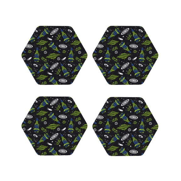 Fuzoiu Space Rockets Print Leather Coasters Set,Drink Coasters Set of 4,for Tabletop Protection, Durable PVC Coasters,Home Décor and Housewarming Gift-Hexagon