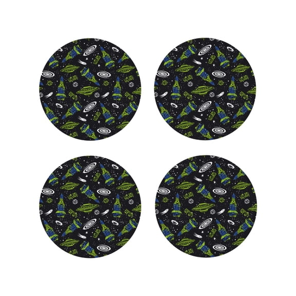 Fuzoiu Space Rockets Print Leather Coasters Set,Drink Coasters Set of 4,for Tabletop Protection, Durable PVC Coasters,Home Décor and Housewarming Gift-Round Shape