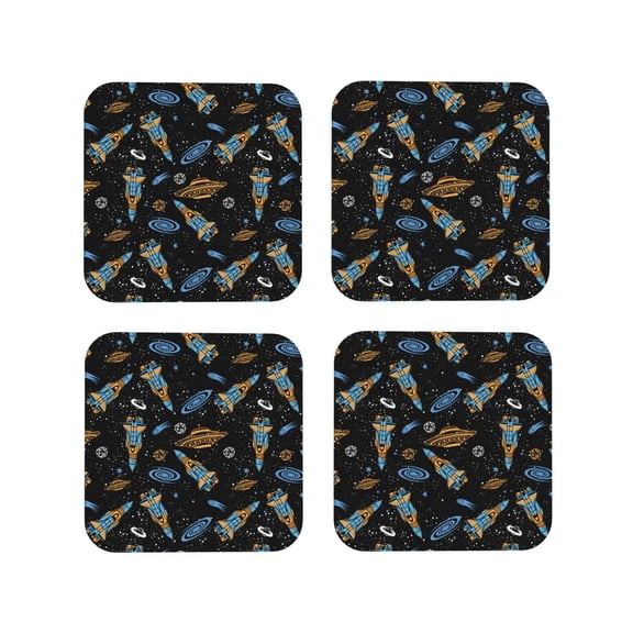Fuzoiu Space Rockets Print Leather Coasters Set,Drink Coasters Set of 4,for Tabletop Protection, Durable PVC Coasters,Home Décor and Housewarming Gift-Square