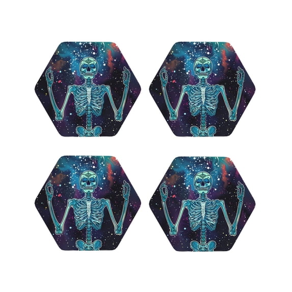 Fuzoiu Space Skeleton Meditation Print Leather Coasters Set,Drink Coasters Set of 4,for Tabletop Protection, Durable PVC Coasters,Home Décor and Housewarming Gift-Hexagon