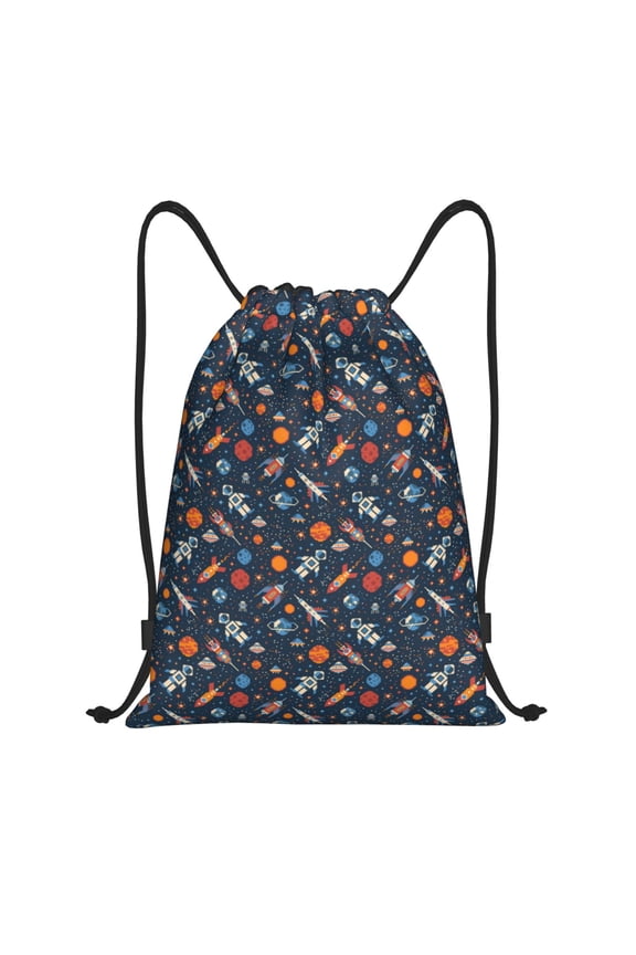 Spaceships And Stars In Outer Space Print Drawstring Backpack for Gym, Travel, Yoga,Sports Sackpack String Bag for Women Men-Small