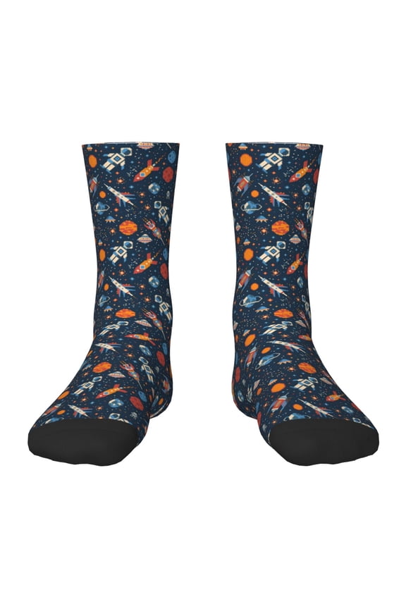 Spaceships And Stars In Outer Space Print Kids Socks For Boys Girls,Grip Crew Socks with Non Slip,Lightweight Stretch Crew Socks,Toddlers Crew Boot Socks
