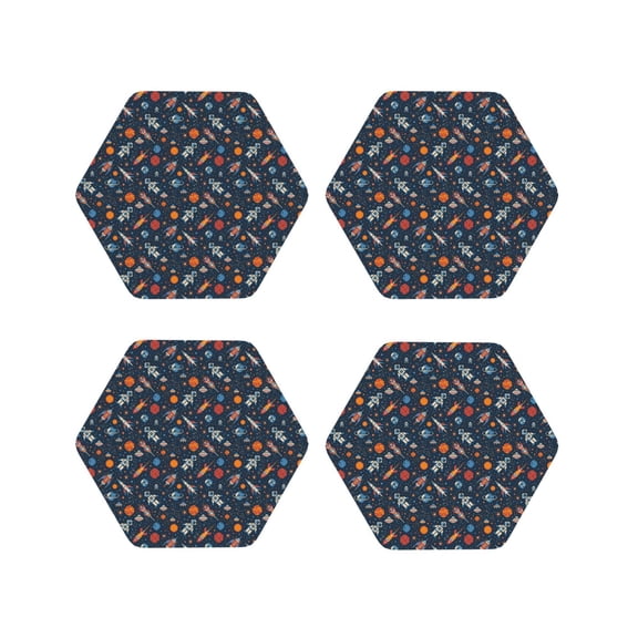 Fuzoiu Spaceships And Stars In Outer Space Print Leather Coasters Set,Drink Coasters Set of 4,for Tabletop Protection, Durable PVC Coasters,Home Décor and Housewarming Gift-Hexagon