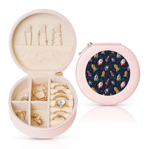 Fuzoiu Spaceships and Stars Print Portable Jewelry Box,Round Mini Leather Travel Jewelry Case,Small Travel Jewelry Organizer,Jewelry Holder for Ring Necklace Earring for Women Girls-Pink