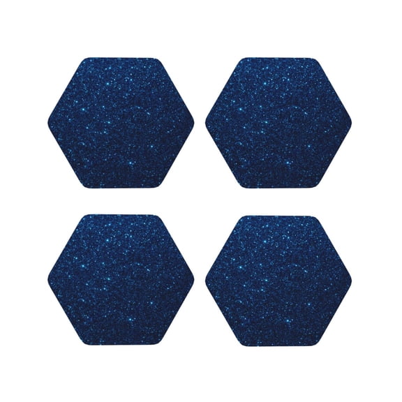 Fuzoiu Sparkling Blue Glitter Print Leather Coasters Set,Drink Coasters Set of 4,for Tabletop Protection, Durable PVC Coasters,Home Décor and Housewarming Gift-Hexagon