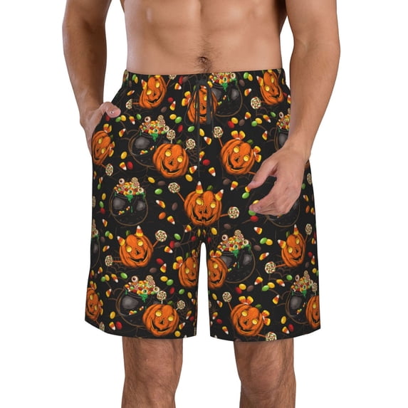 Fuzoiu Spooky Sweets Print Men's Beach Shorts,Men's Swim Trunks,Quick Dry Board Shorts with Pockets,Men's Bathing Suits for Surfing, Running, and Casual Wear-3X-Large