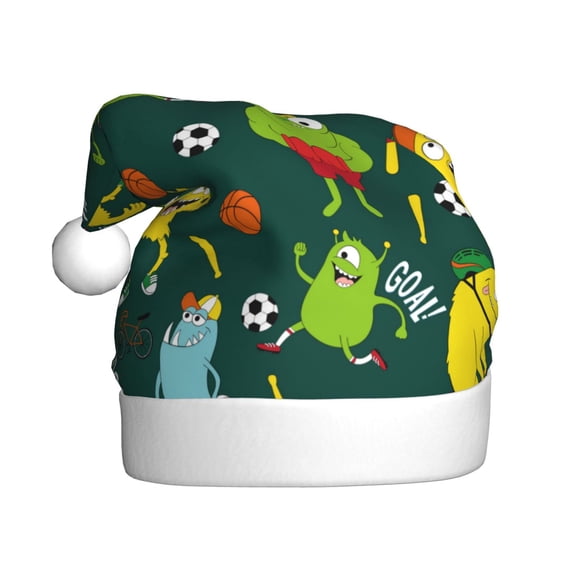 Fuzoiu Sport Monster Print Santa Hat Christmas Hat for Adults,Santa Hats with Pompom, Unisex Xmas Holiday Hat for Christmas New Year Festive Party Supplies