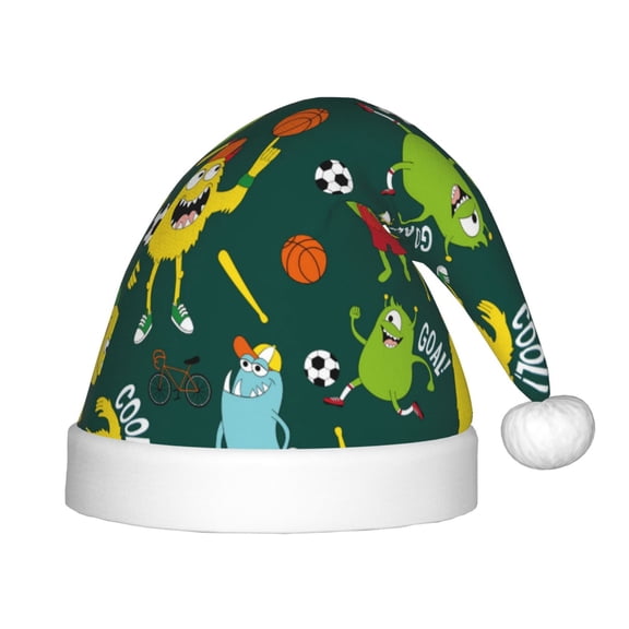 Fuzoiu Sport Monster Print Santa Hat Christmas Hat for kids,Santa Hats with Pompom, Unisex Xmas Holiday Hat for Christmas New Year Festive Party Supplies