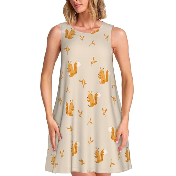 Fuzoiu Squirrel Animal Print Women's Sleeveless Dress,Summer Dresses for Women,Casual Sundresses,Beach Sleeveless T-shirt Swing Dress with Pockets