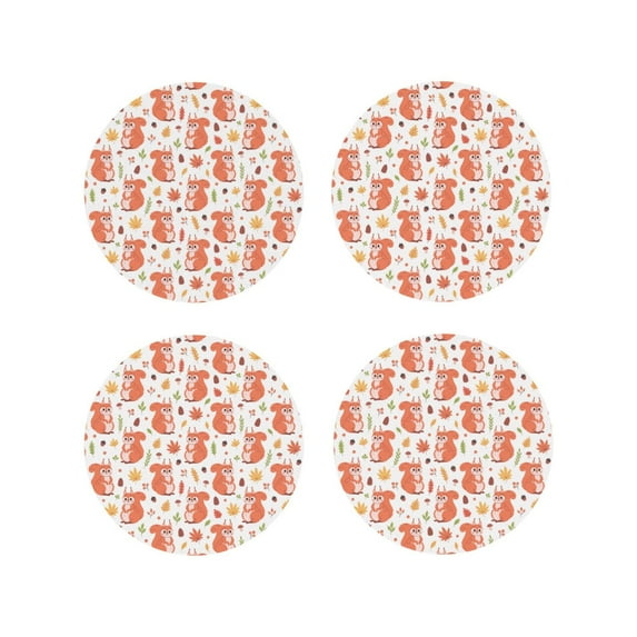 Fuzoiu Squirrel And Maple Leaf Print Leather Coasters Set,Drink Coasters Set of 4,for Tabletop Protection, Durable PVC Coasters,Home Décor and Housewarming Gift-Round Shape