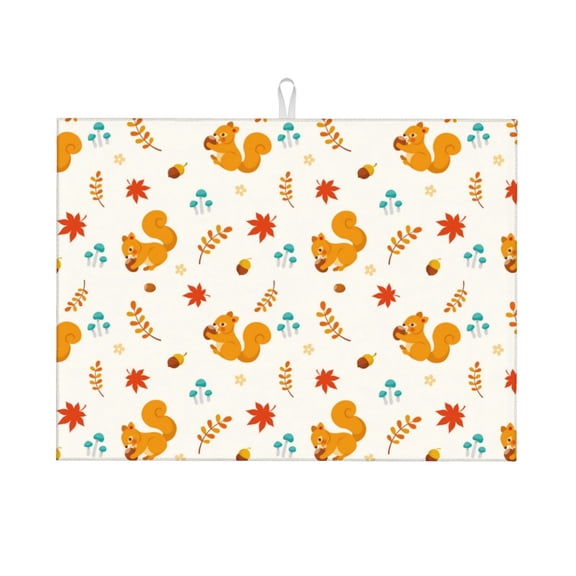 Fuzoiu Squirrel Maple Leaves And Nuts Print Absorbent, Reversible Microfiber Dish Drying Mat for Kitchen, Dish Drying Pad for Dishes, Utensils, Pots and Pans, Extra Large 18 Inch x 24 Inch