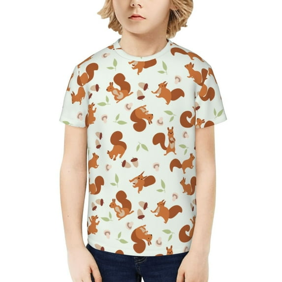 Fuzoiu Squirrel Playing Print Boys' Casual T-Shirt,Crewneck Undershirts,Boys Athletic Shirt,Short Sleeve T-Shirts for Outdoor Play