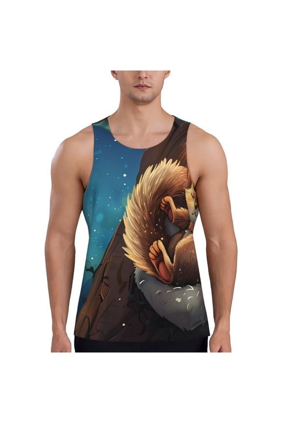 Squirrel Sleeping In Tree Print Men's Workout Tank Tops,Sleeveless Gym Shirt Quick Dry,Fitness Bodybuilding T-Shirt,Muscle Athletic Workout Tee-Medium