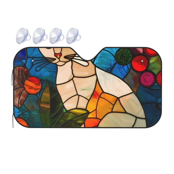 Fuzoiu Stained Glass Cat Art Print Car Windshield Sunshade,Foldable Reflective Sun Visor,Windshield Sun Shade,UV Rays Sun Visor Shade,Auto Front Sun Shield Shade-Small