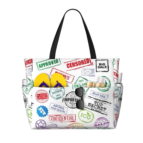 Fuzoiu Stamp Set Collection Print Waterproof Beach Tote Bag for Women Girls with Zipper,Sandproof Pool Swim Bag,Large Capacity Beach Travel Bag for Pool Swim Travel Everyday