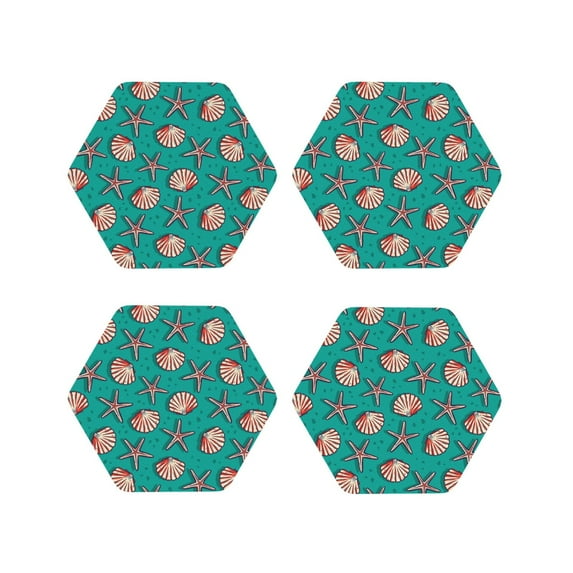 Fuzoiu Starfish and Shell Print Leather Coasters Set,Drink Coasters Set of 4,for Tabletop Protection, Durable PVC Coasters,Home Décor and Housewarming Gift-Hexagon