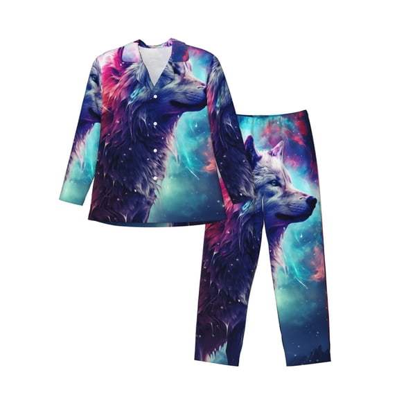 Fuzoiu Starry Multicolored Wolf Print Men's Long-Sleeved Pajama,Lounge Button Down Nightwear,Mens Notch Collar Pajama Set -Medium