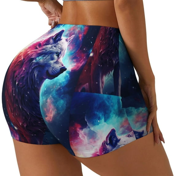 Fuzoiu Starry Multicolored Wolf Print Women's Workout Shorts,Workout Biker Shorts Women,Exercise Fitness Shorts,Scrunch Short, Athletic Shorts for Gym Yoga Running Sport Active-Medium