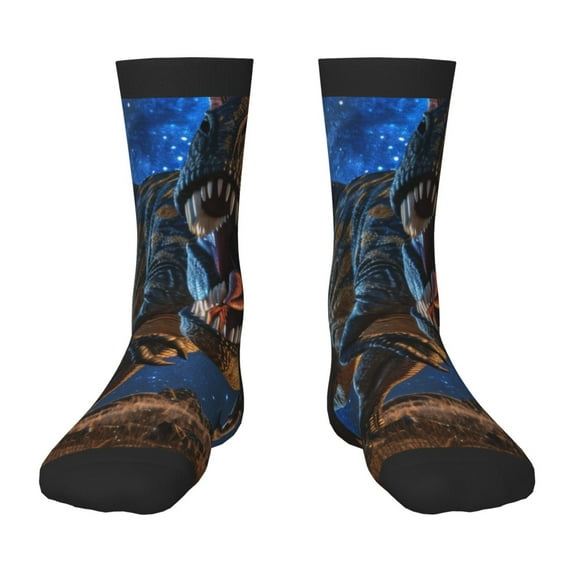Fuzoiu Starry Night Charging Dinosaur Print Kids Socks For Boys Girls,Grip Crew Socks with Non Slip,Lightweight Stretch Crew Socks,Toddlers Crew Boot Socks