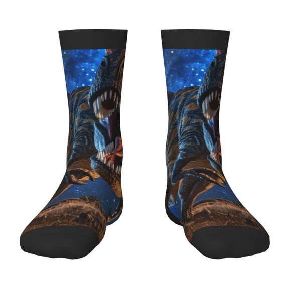 Fuzoiu Starry Night Charging Dinosaur Print Kids Socks For Boys Girls,Grip Crew Socks with Non Slip,Lightweight Stretch Crew Socks,Toddlers Crew Boot Socks