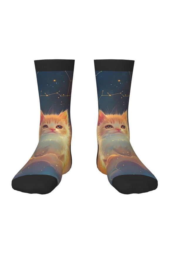 Starry Sky Constellation Cat Print Kids Socks For Boys Girls,Grip Crew Socks with Non Slip,Lightweight Stretch Crew Socks,Toddlers Crew Boot Socks