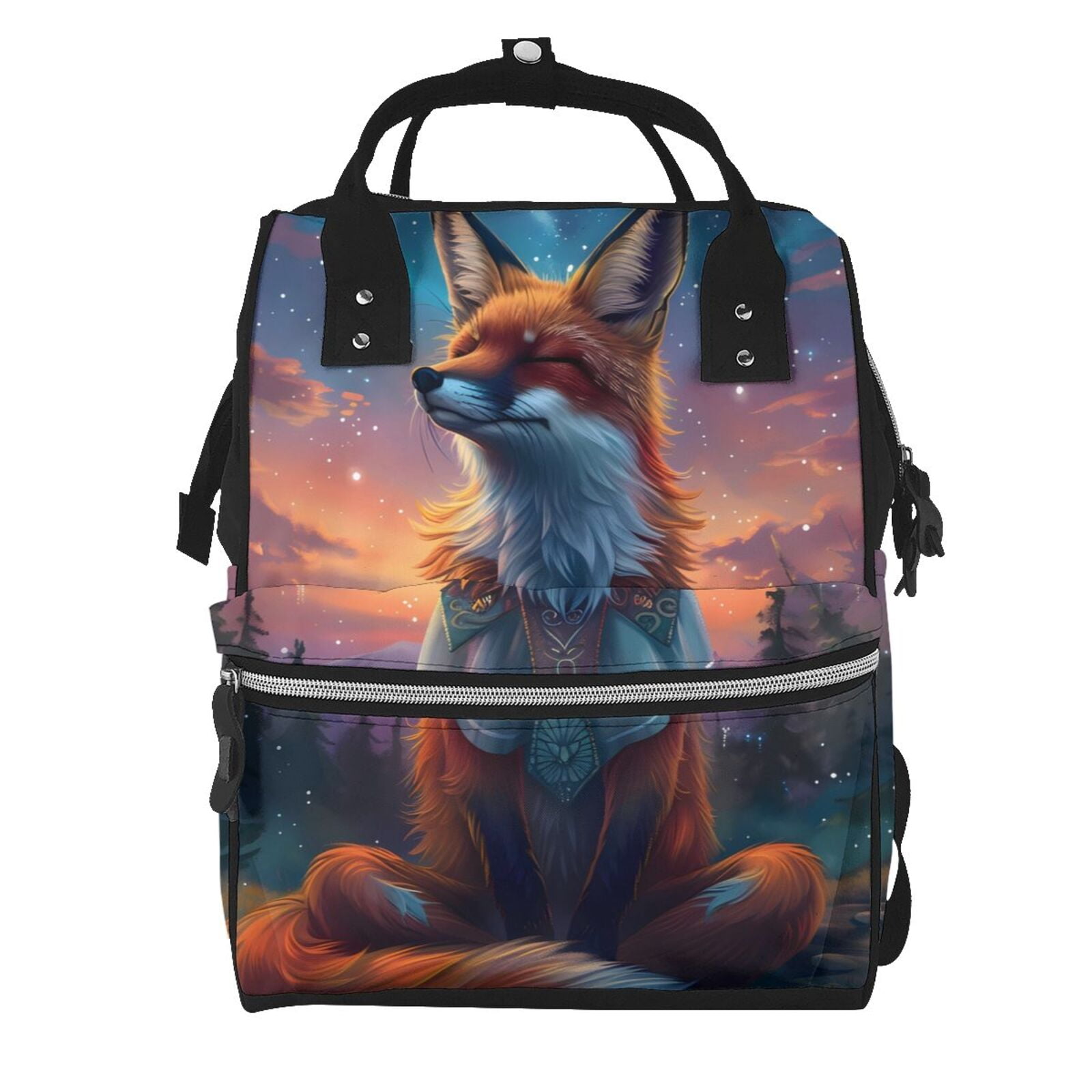 Fuzoiu Starry Sky Meditating Fox Print Diaper Bag Backpack,Baby Essentials Travel Tote,Multi function Waterproof Diaper Bag, Travel Essentials Baby Bag - Unisex