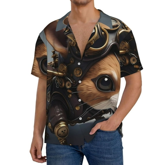 Fuzoiu Steampunk Squirrel Pilot Print Men's Casual Short,Men's Short Sleeve Shirt,Mens Casual Button Down Shirts,Cuban Collar Summer Shirt for Beach, Vacation, and Outdoor Activities-XX-Large