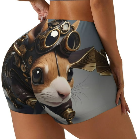 Fuzoiu Steampunk Squirrel Pilot Print Women's Workout Shorts,Workout Biker Shorts Women,Exercise Fitness Shorts,Scrunch Short, Athletic Shorts for Gym Yoga Running Sport Active-Medium