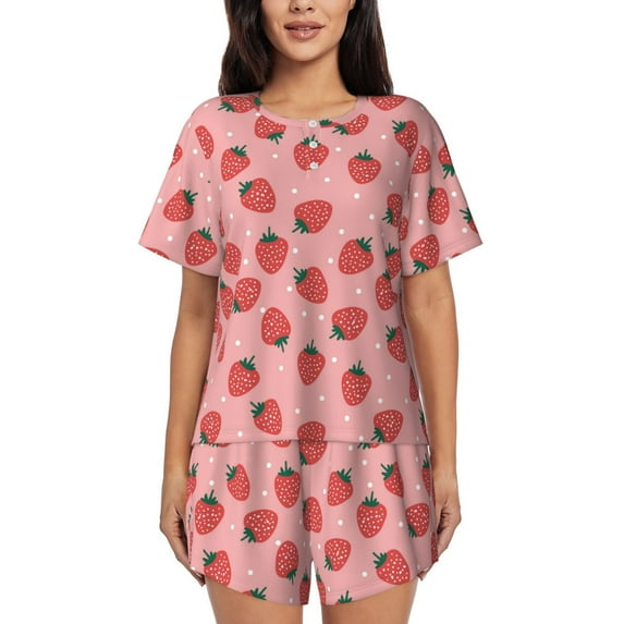 Fuzoiu Strawberries Print Women's Short-Sleeved Pajama Set,Lounge Sleepwear Set,Womens Pajama Sets 2 Piece,Button-Up Top and Shorts with Pockets-3X-Large