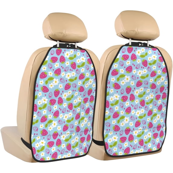 Fuzoiu Strawberry And Flowers Print 2 Pack Kick Mat Back Seat Protector With 3 Storage Pockets, Universal Car Seat Back Organizer For Kids Pets, Waterproof Backseat Protector For Most Car
