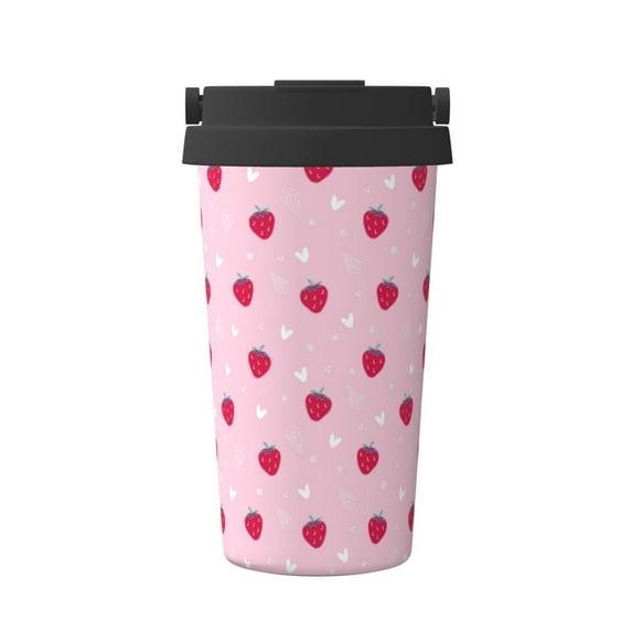 Fuzoiu Strawberry And Heart Print Stainless Steel Travel Mug,Vacuum Insulated Coffee Travel Mug,Reusable Coffee Cup for Hot and Cold